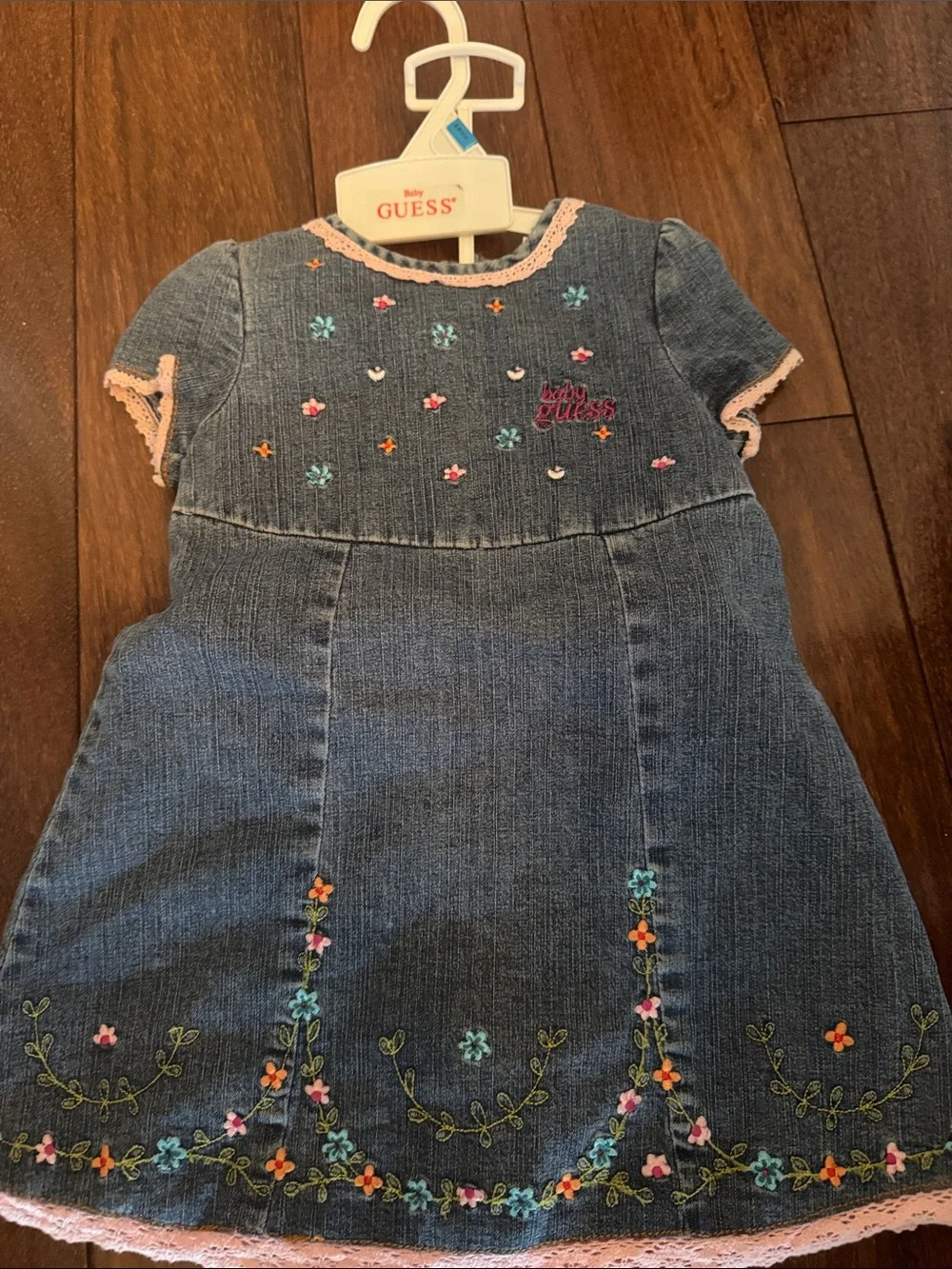 Guess Denim Girls' Dress with Pink Trim and Multicolor Floral Embroidery. NWOT